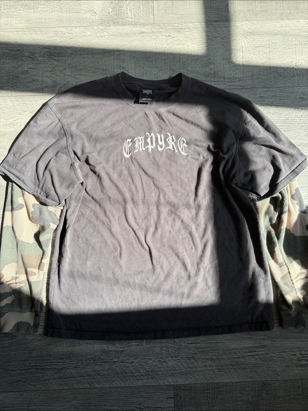 Empyre Gray Graphic Tee with Camo Sleeves